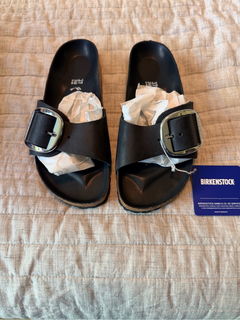 Birkenstock Black One-Strap Slide Sandals with Large Silver Buckle - Size 37 - Picture 2 of 6